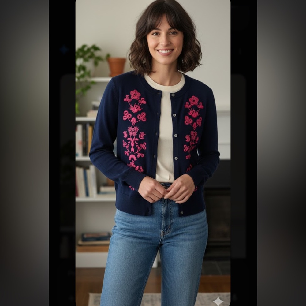 J. Crew Dark Blue Cardigan with Vibrant Pink Detailing - Picture 2 of 9